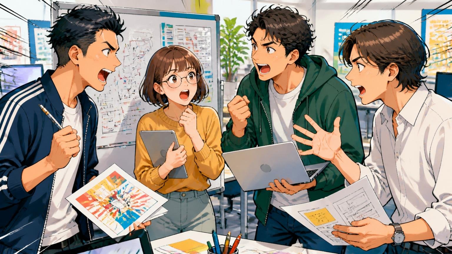 体育会系カルチャーと若手の裁量。Web系広告会社のオフィスで若手社員4人が立ったまま熱心に議論する