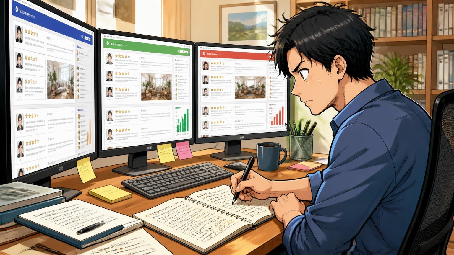 自宅の書斎で複数の口コミサイトの画面を比較しながらノートにメモを取る30代ビジネスパーソン
