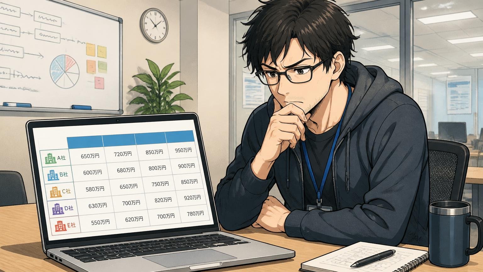 企業の会議室でノートPC画面に複数社の年収比較表を映しながら考え込む30代男性エンジニア