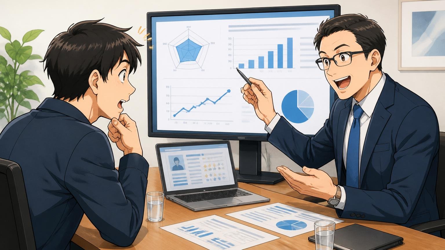 コンサルティング会社の面談ルームで30代男性エンジニアがアドバイザーから市場価値の説明を受ける