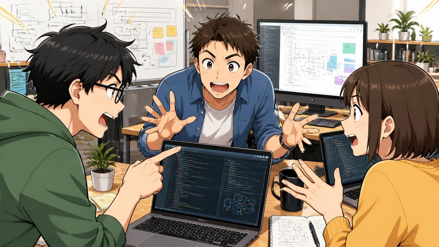 自社開発の構造的特徴・Web系スタートアップのオフィスでモダンな技術スタックを使い活発に議論する3名のエンジニア