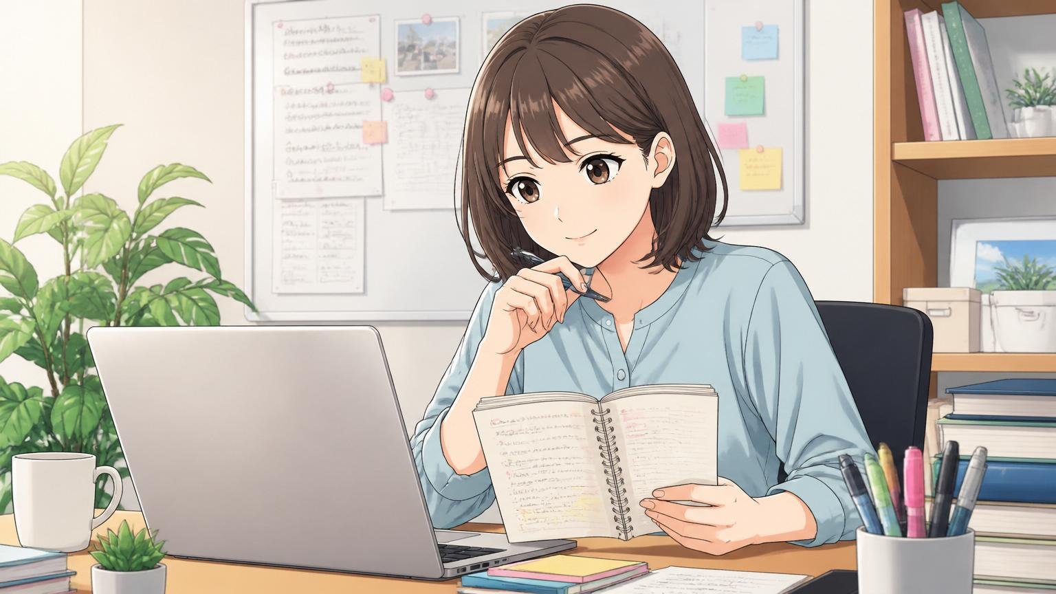 動く前の準備。自宅のデスクで女性社員1人がノートPCで自分の経歴を整理しながら少し前向きな表情で考えている