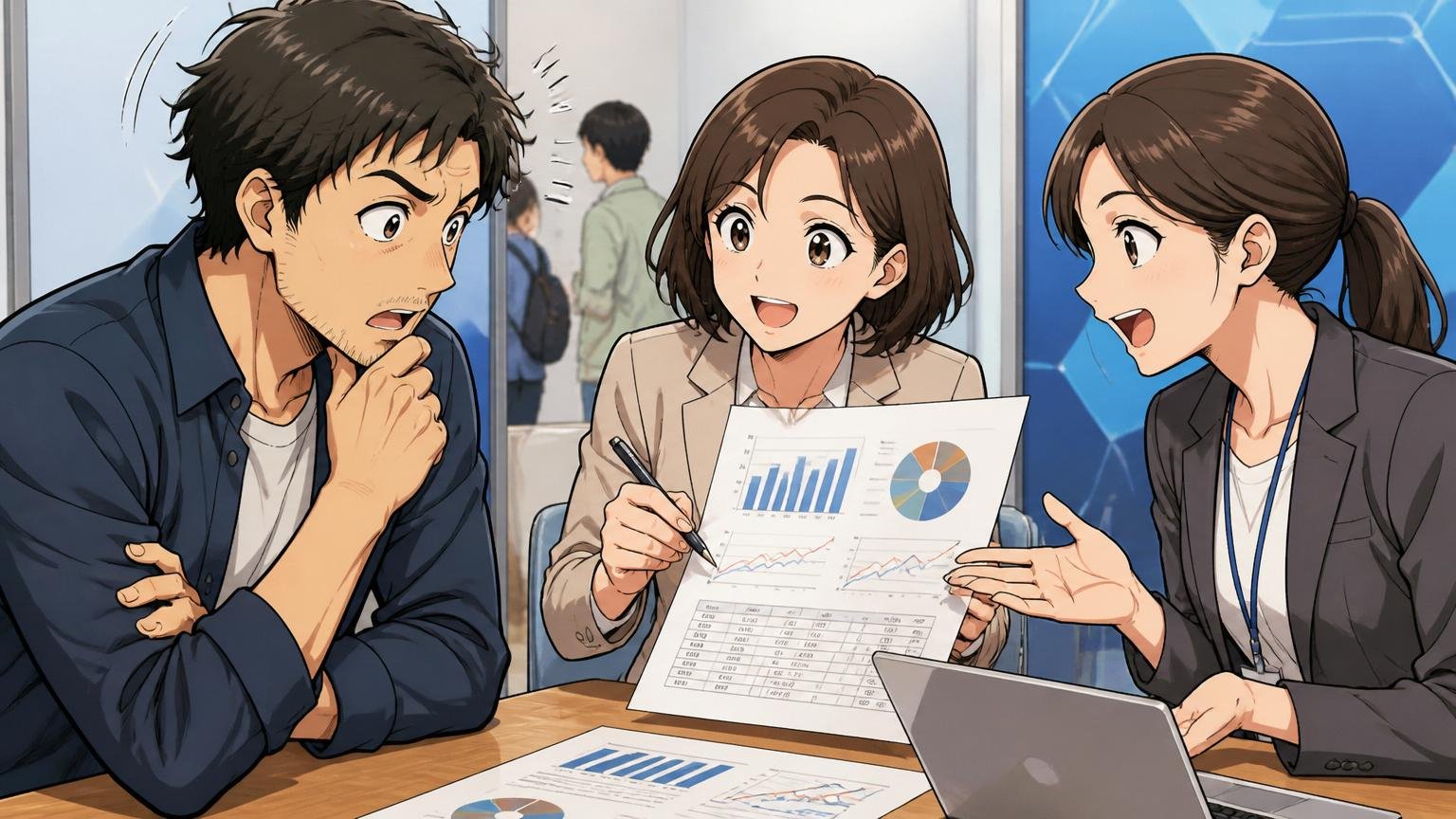自分の市場価値を先に知るべき理由。Web系企業の面談ブースで30代男性エンジニアと30代女性キャリアアドバイザー2人が向き合い数値資料を見ながら話し合う