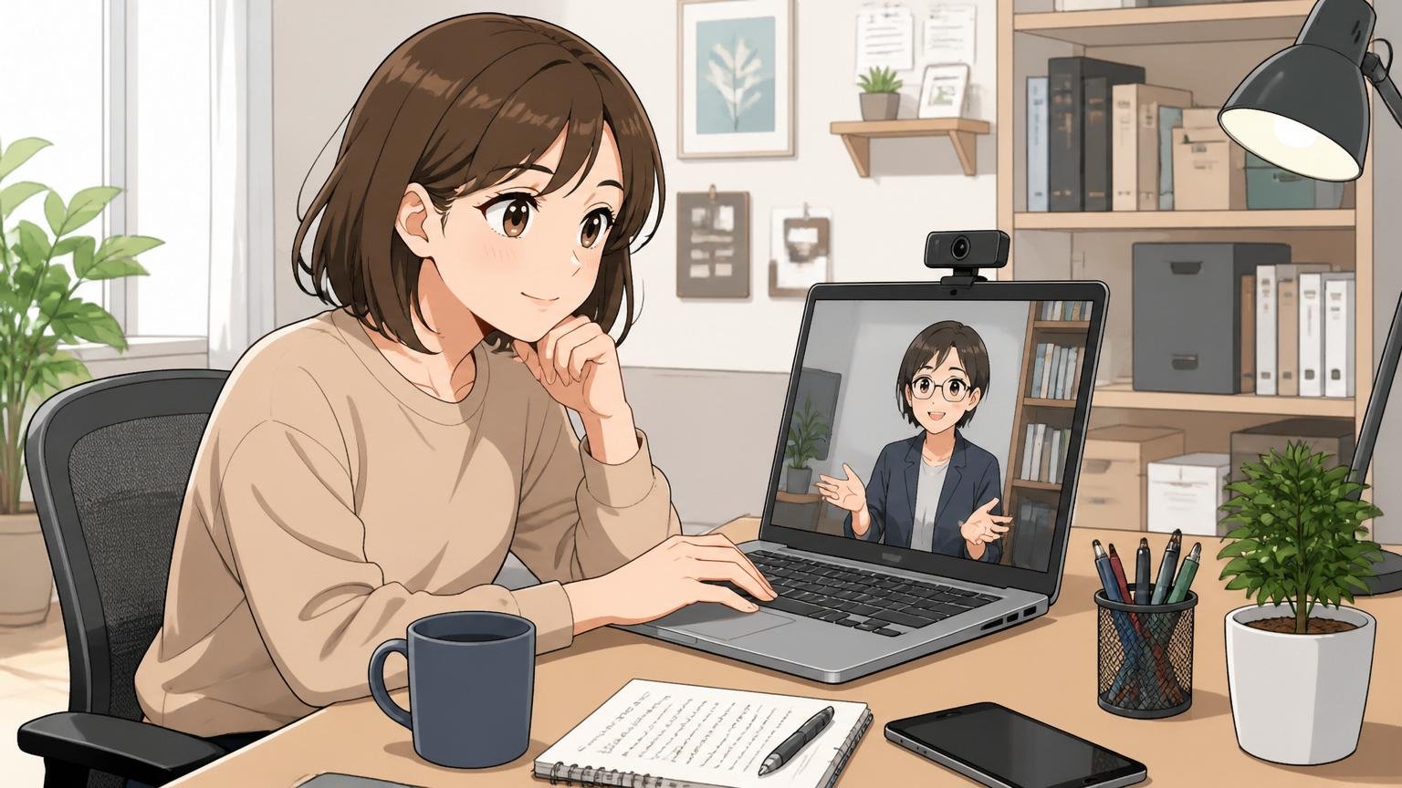 まず情報収集だけする選択 自宅のデスクで在宅勤務しながらキャリア相談する30代女性エンジニア1人 穏やかな表情