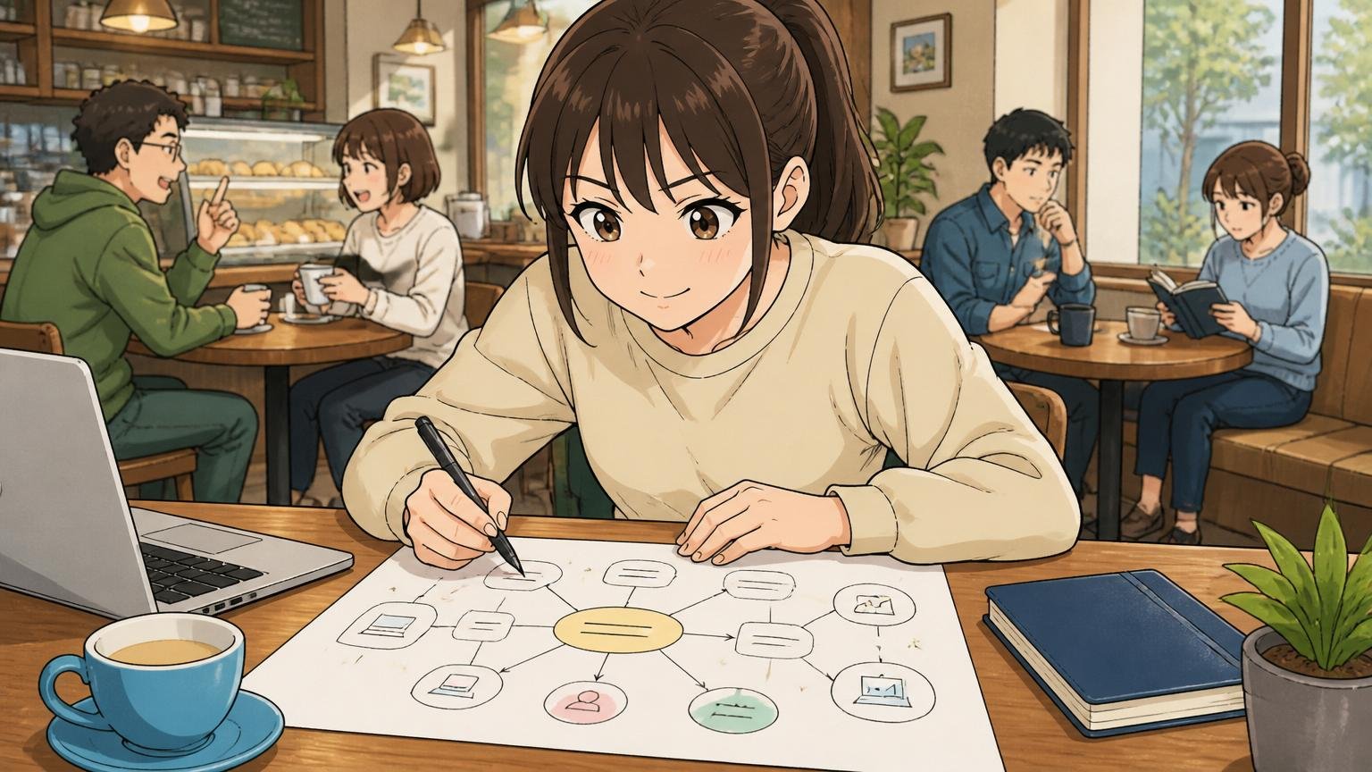 カフェで20代女性エンジニアが将来のキャリアパスを紙に書き出す