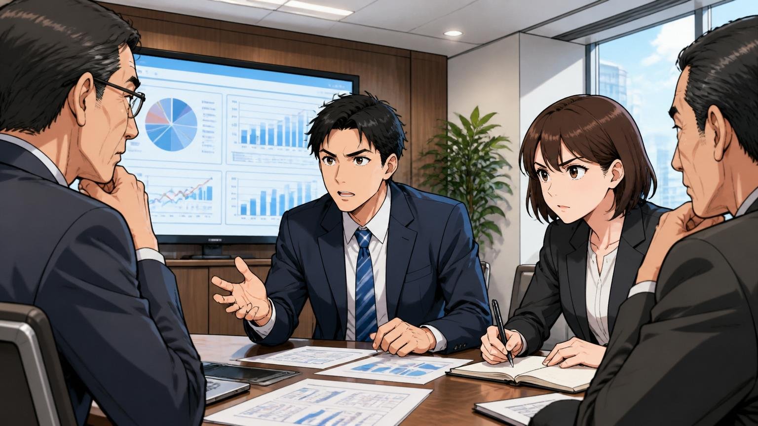 大手日系企業の役員と打ち合わせするアビームコンサル2名、企業会議室で真剣な表情