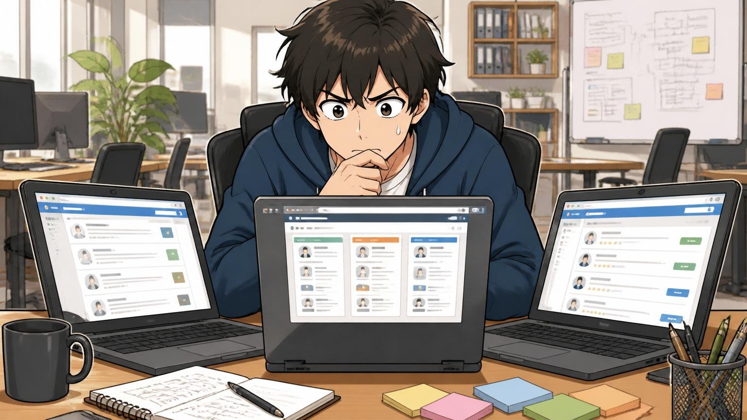 Web系スタートアップのオフィスでパソコンを開いて求人サイトを見比べるエンジニア1人