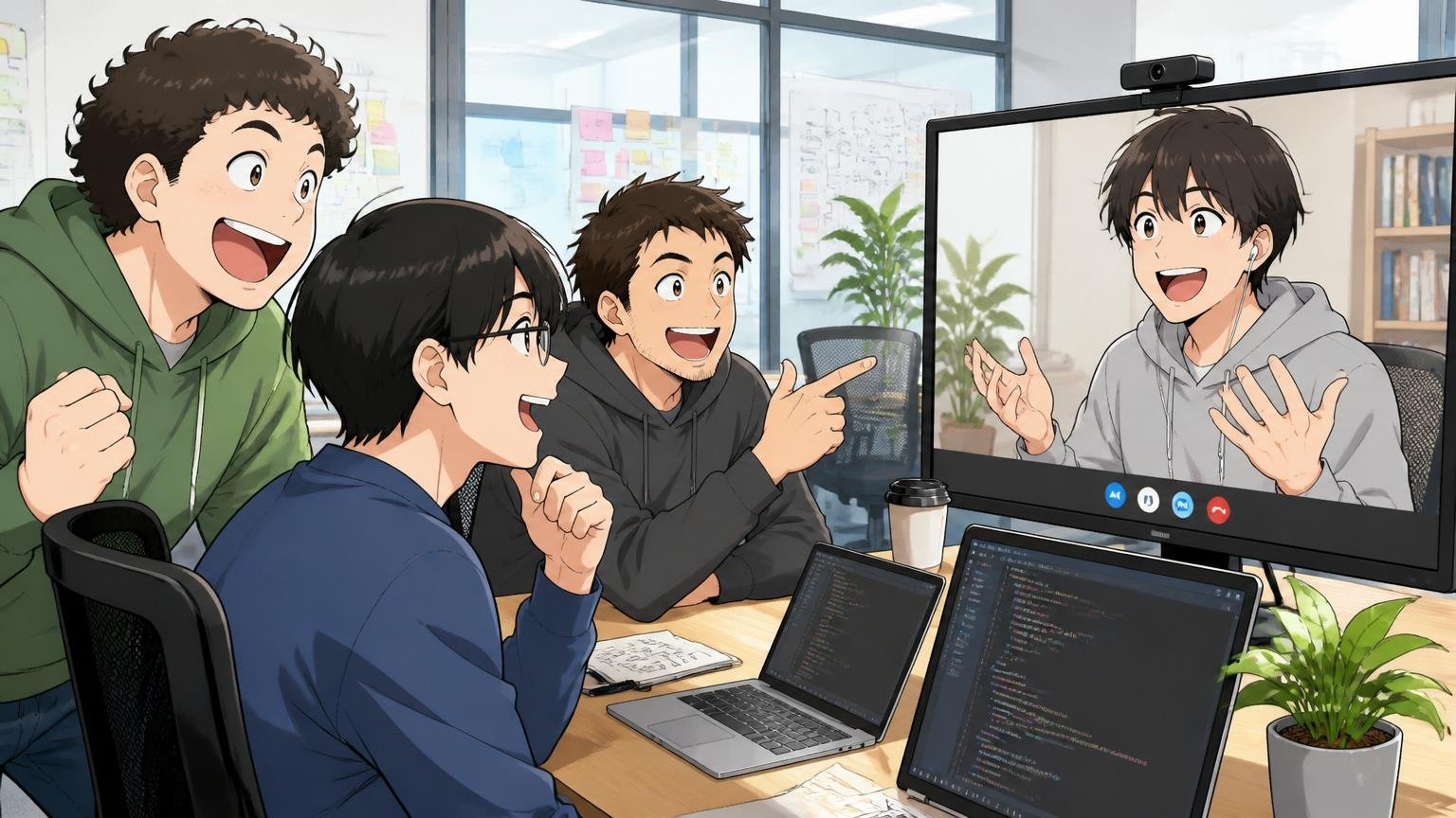 Web系スタートアップのオフィスで、エンジニア面接官3人がモニター越しに候補者と笑顔で技術面談する