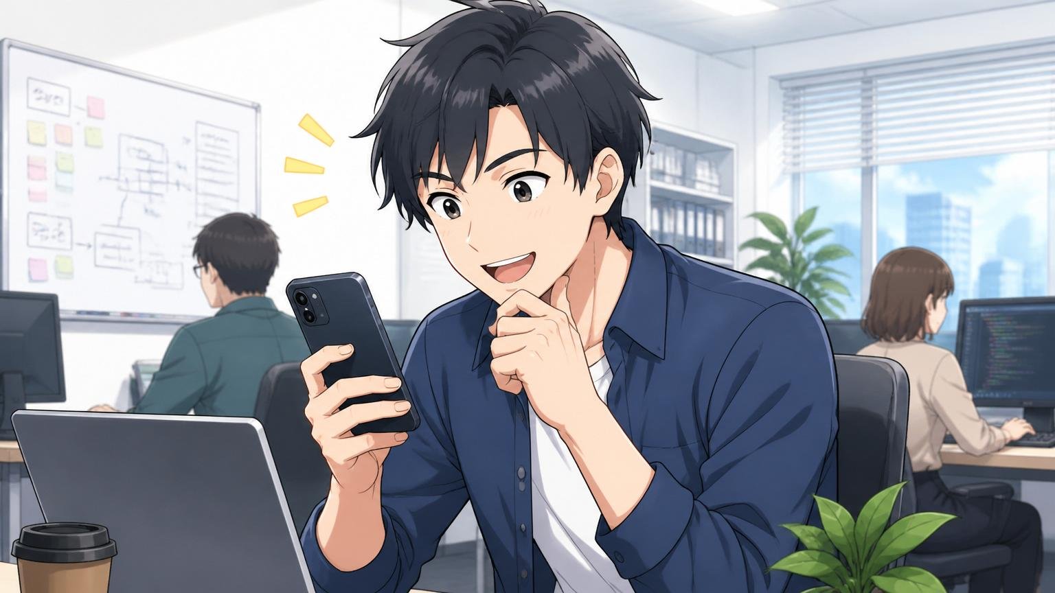 企業のオフィスで30代男性エンジニアがスマホでIT特化型エージェントのサービスを比較検討している、表情に希望が見える場面