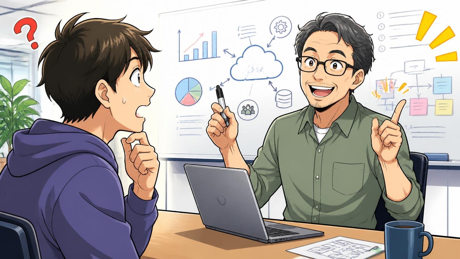 「サイボウズにずっといても市場価値が下がる」は本当かを検証する場面、SaaS企業の会議室でベテランエンジニアが若手の質問に答える