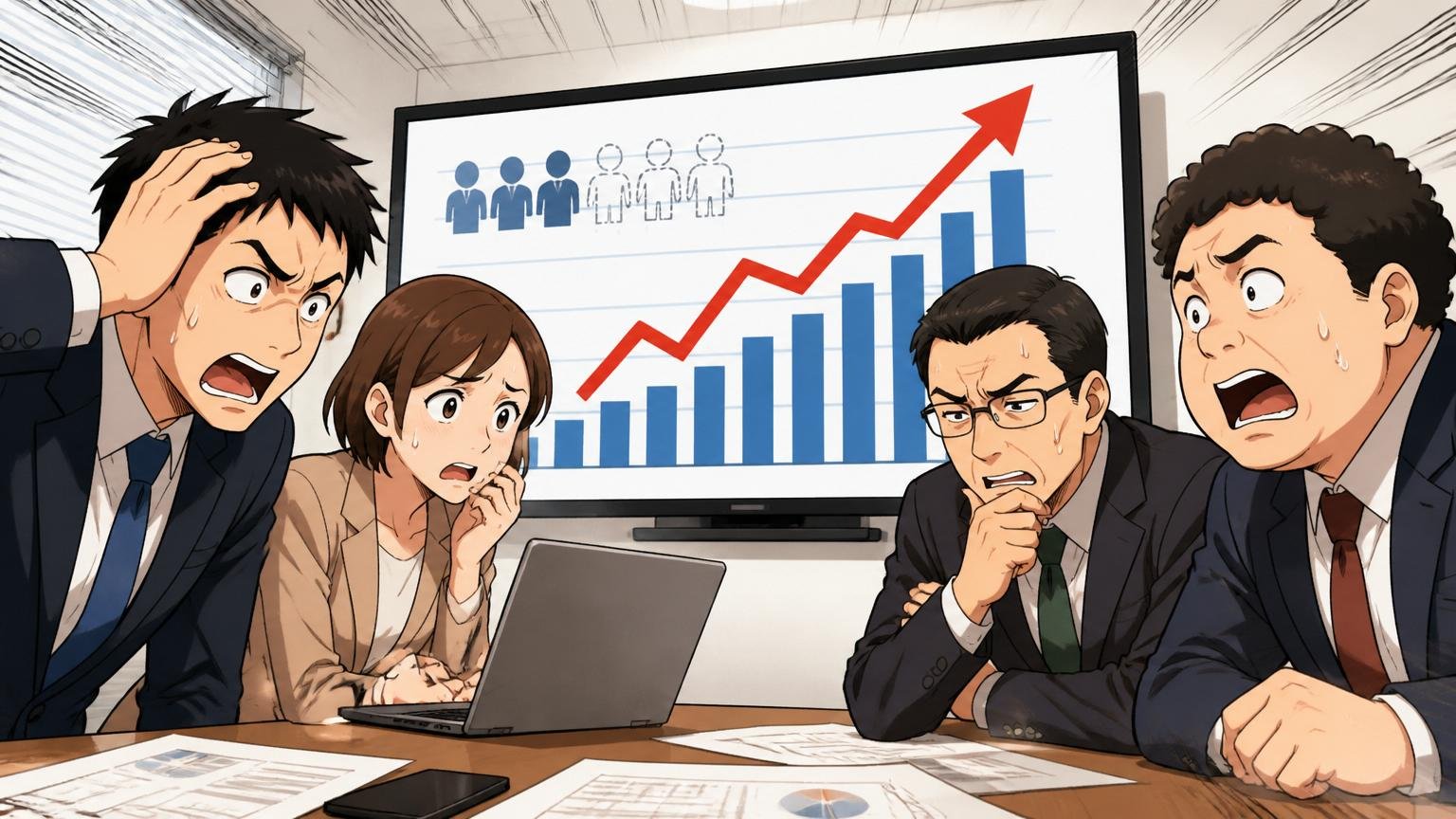 企業の採用担当者会議室で複数の人事担当者が深刻な表情でIT人材不足のグラフを見つめる場面