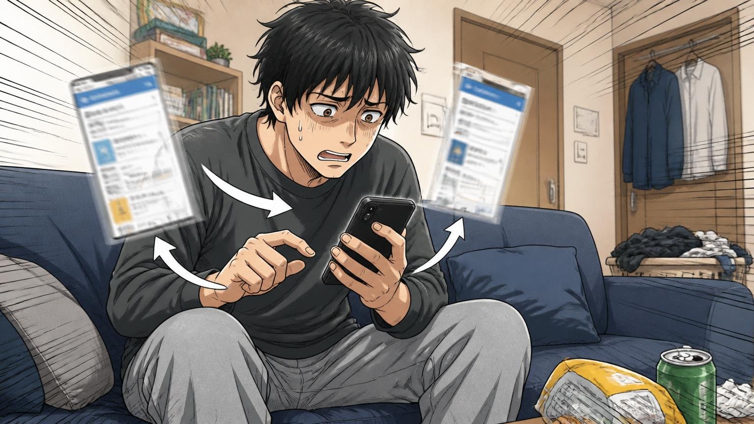 自宅のソファでスマホの転職サイトを開いては閉じるを繰り返す20代後半男性1人