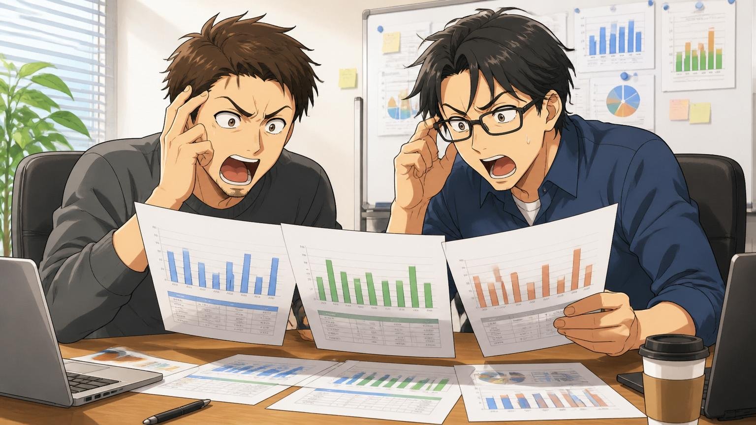 企業の会議室で同業3社の年収比較資料を見比べる転職検討中の30代男性エンジニア2人