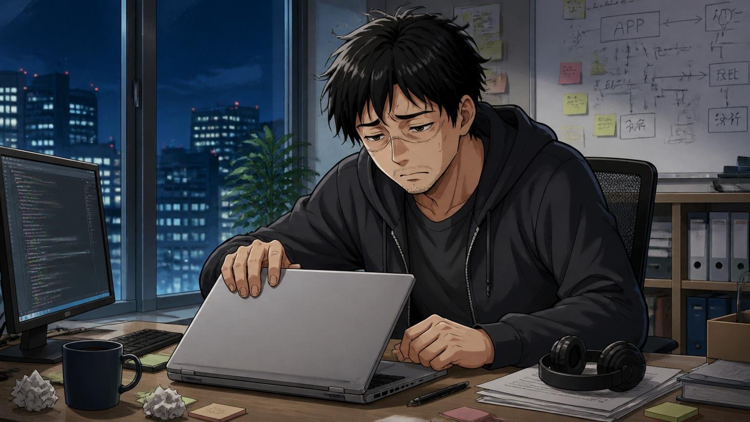 Web系スタートアップのオフィスで疲れた表情でPCを閉じる30代エンジニア、後悔の表情、深夜の窓辺