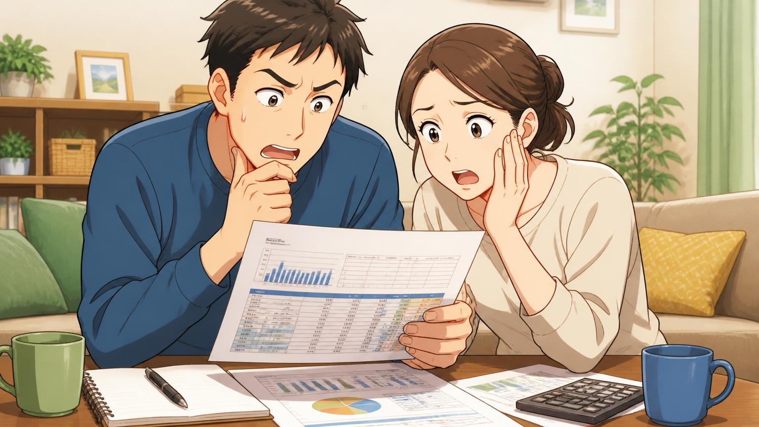 問3 中長期の年収シミュレーション 自宅リビングで配偶者と家計シミュレーションシートを見つめる30代夫婦