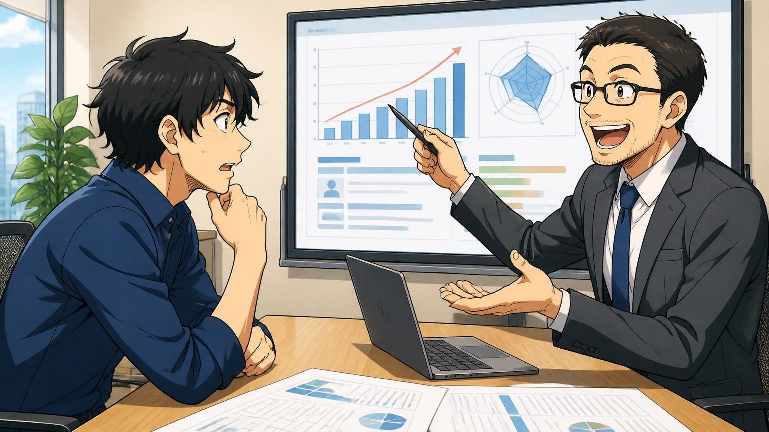 企業の会議室でキャリアアドバイザーと面談する30代エンジニア、市場価値の説明を受ける
