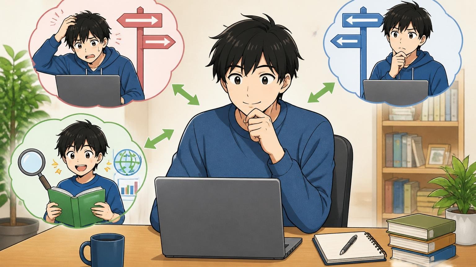 二択で固まらず情報収集という第3の選択肢。自宅のデスクで肩の力が抜けた表情でPCを見る男性