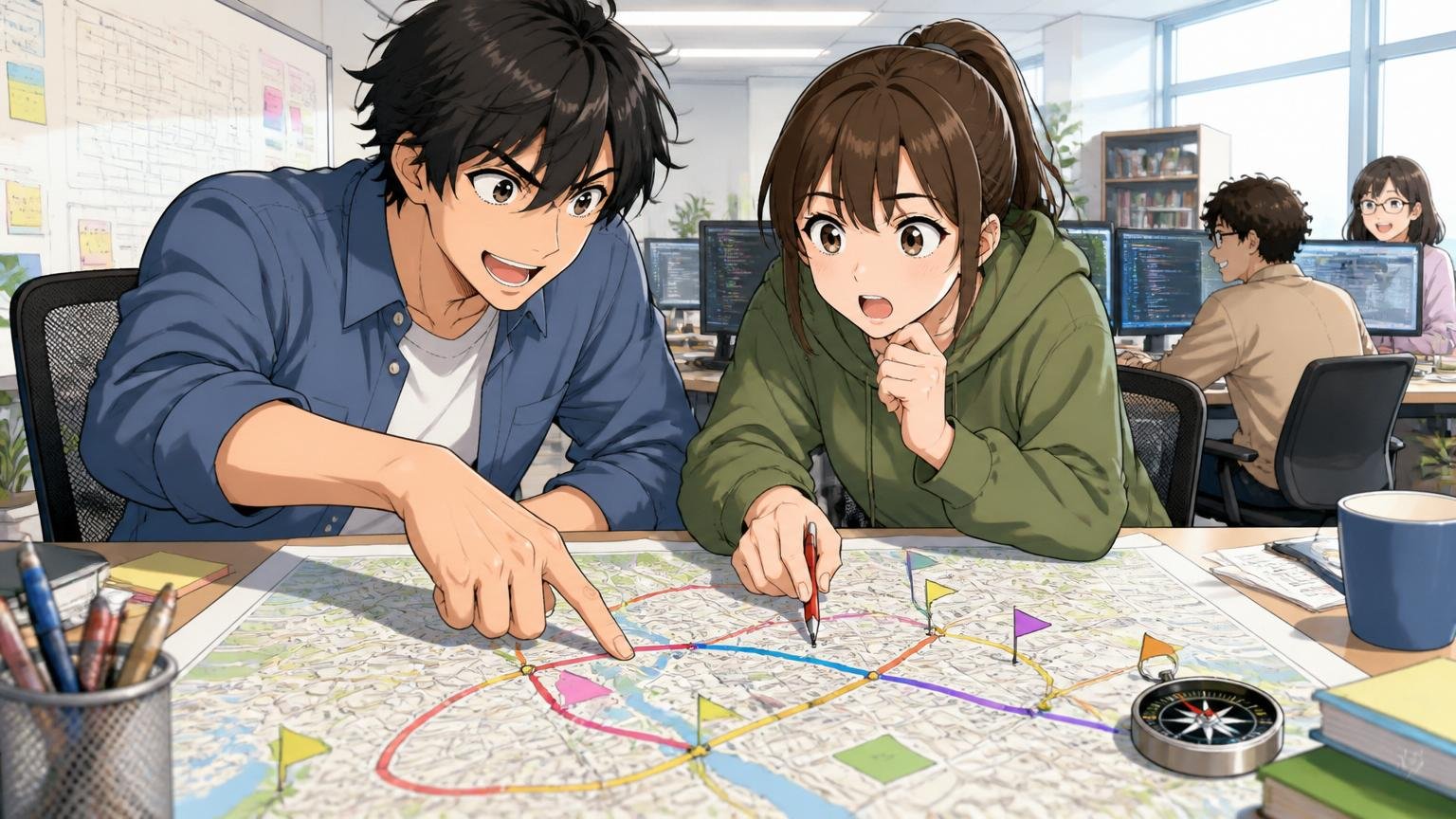 市場価値を知ってから決めるのが一番納得できる。オフィスで男女のエンジニアが地図を見て進路を選ぶ