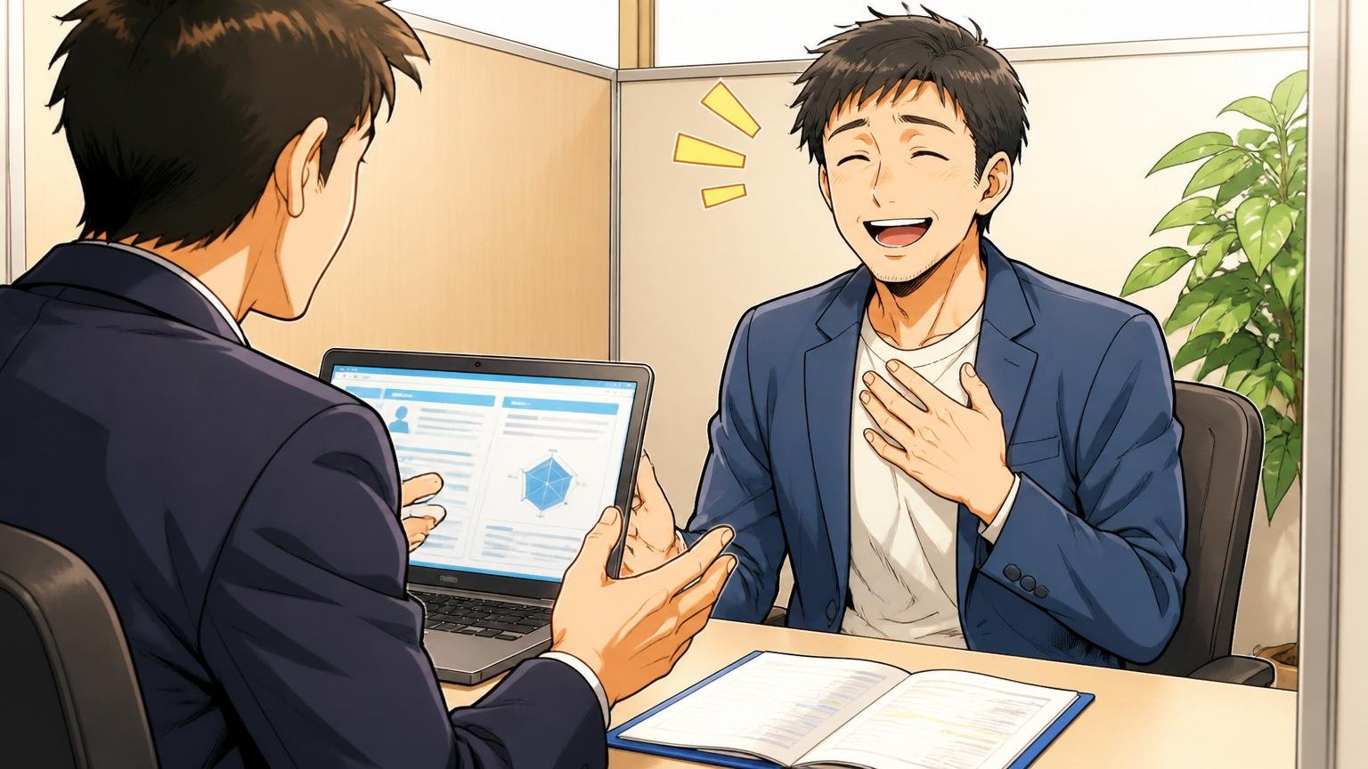 市場価値を無料で知れる経験者向けIT転職エージェント。面談ブースで男性社員1人が相談して安心した表情