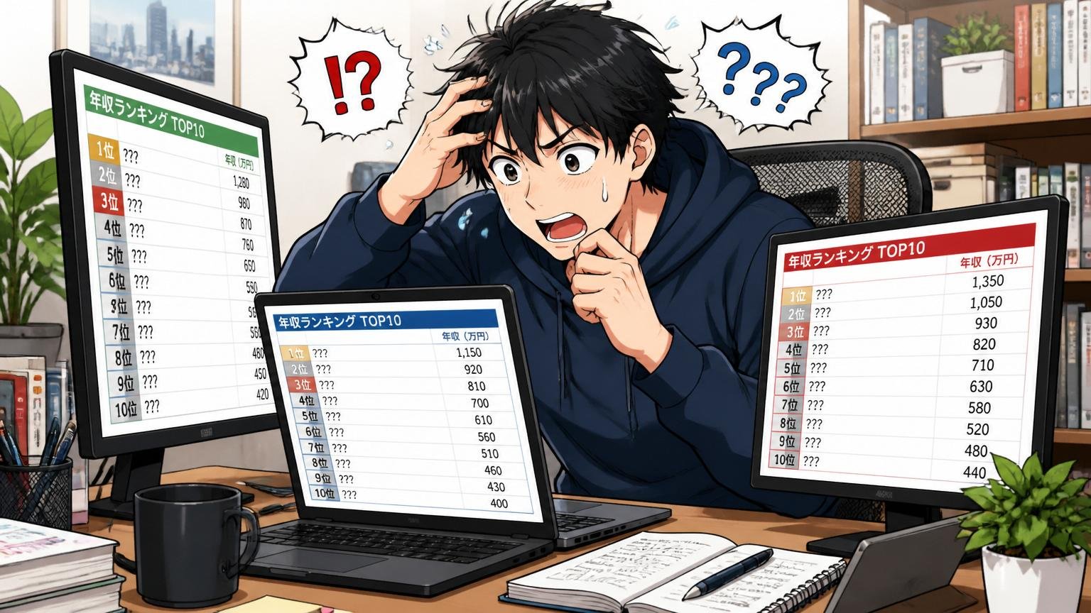 自宅のデスクで複数の年収ランキングサイトを見比べ数字の違いに戸惑う若手エンジニア1人
