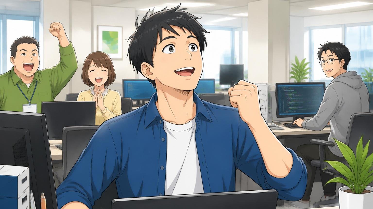 IT職へ転職した人の年収は実際どう変わったのか。明るいIT企業のオフィスで転職した男性社員が安堵の笑顔を見せる