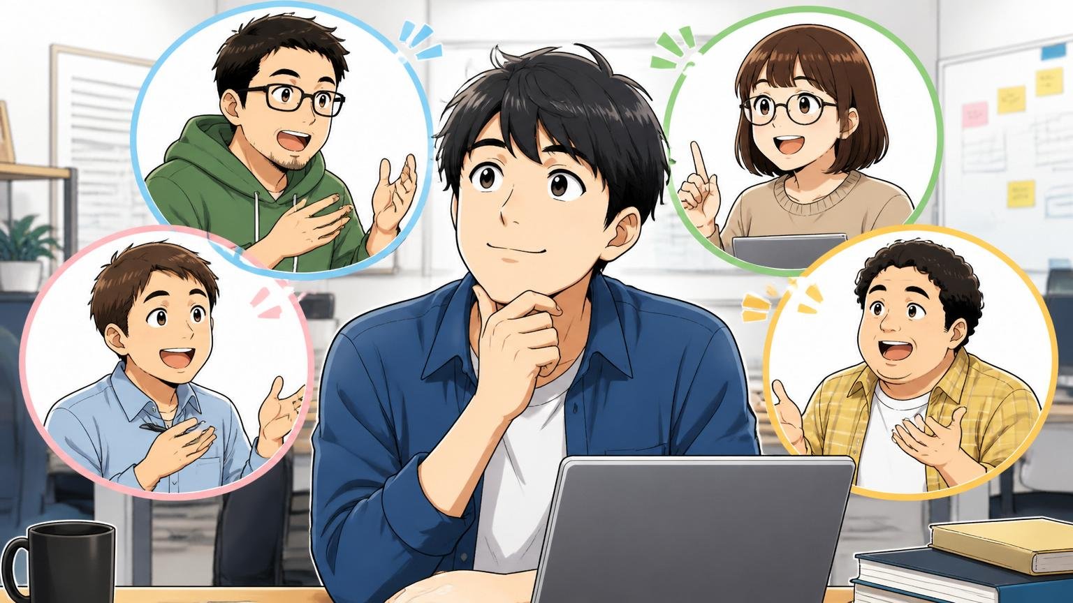 情報収集を1社に絞らない判断材料を狭めないために｜複数の相談相手と話す30代男性エンジニア、納得の表情