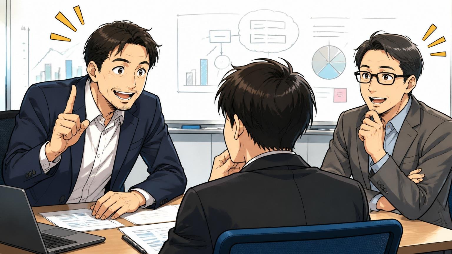 どちらを選ぶにせよ自分の市場価値を知る。SIerの会議室で若手男性に助言する40代男性メンター2人