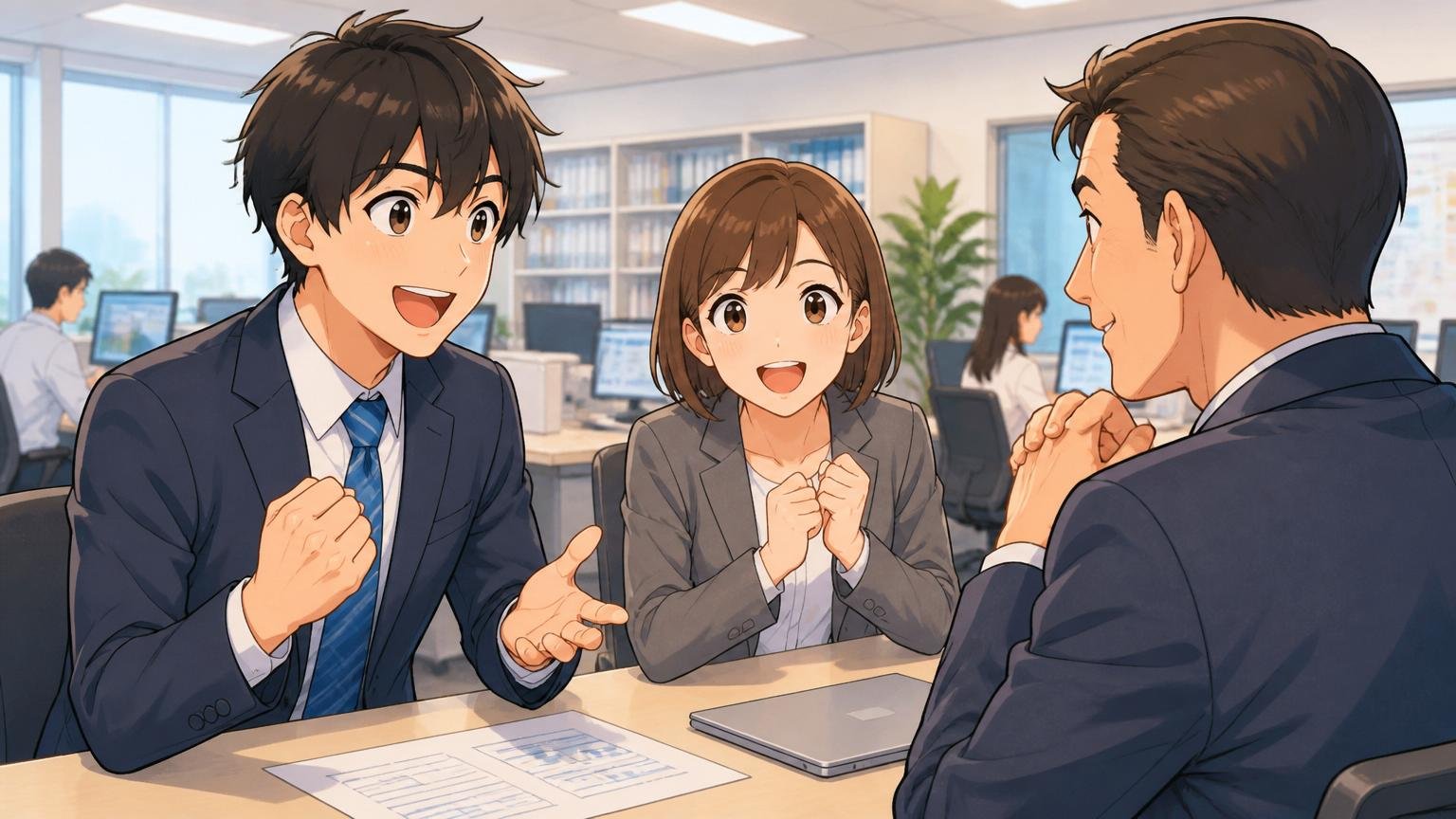 「残る」を選ぶ人へ残るならこう動く SIerのオフィスで前向きに上司に相談する社員2人 意欲的な表情
