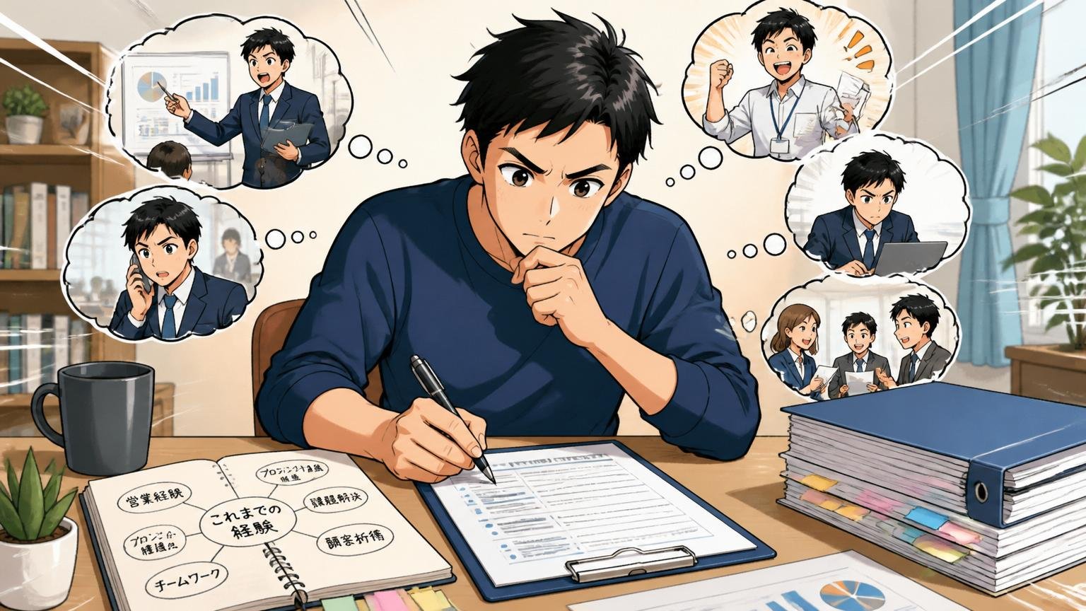大切なのは経験の棚卸しと職務経歴書での言語化 自宅のデスクで職務経歴書を書きながら自分の経験を整理する30代社員1人
