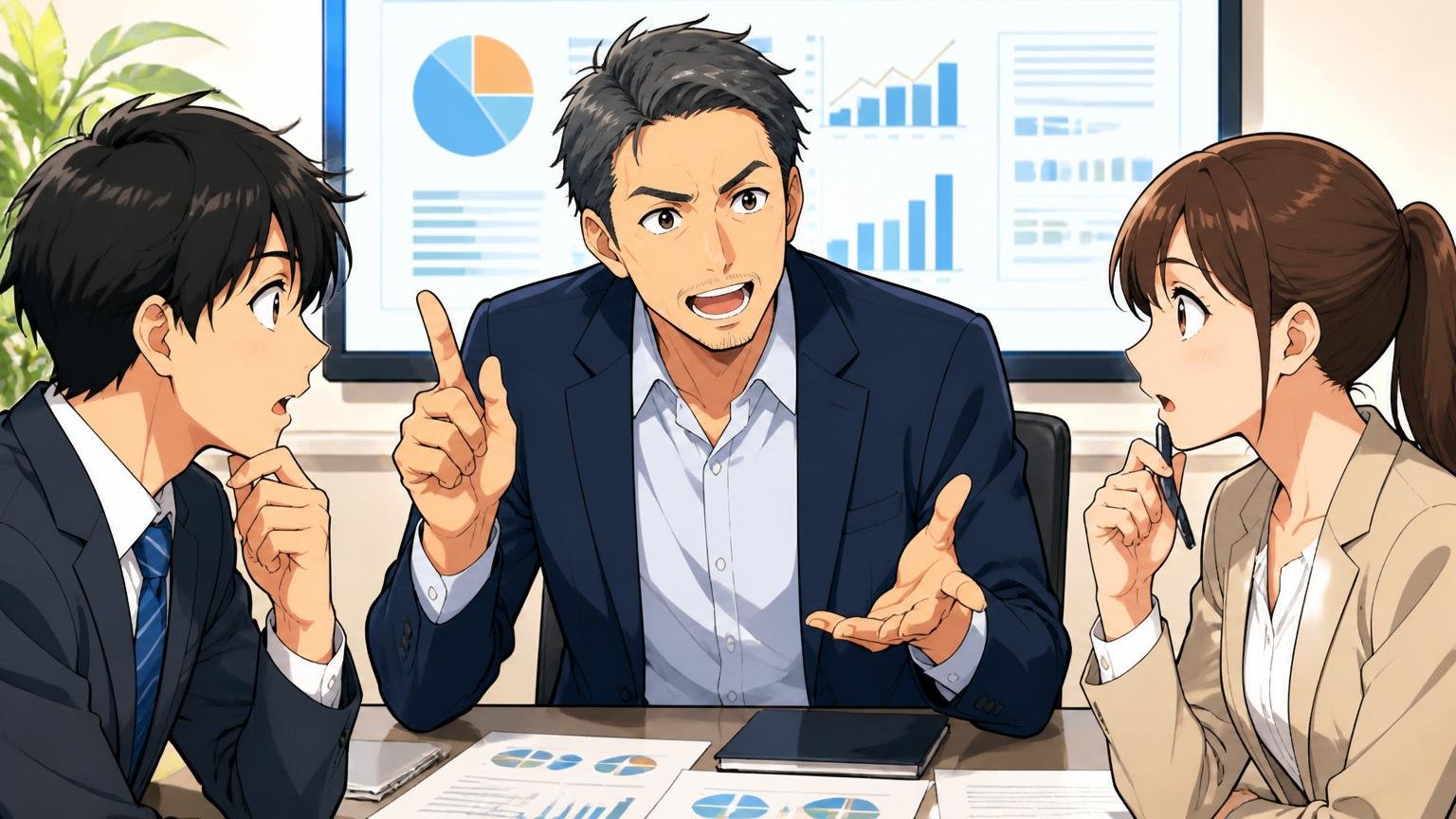どちらを選ぶにせよ先に市場価値を知る。会議室で40代男性メンターが20代男性と30代女性に語りかける