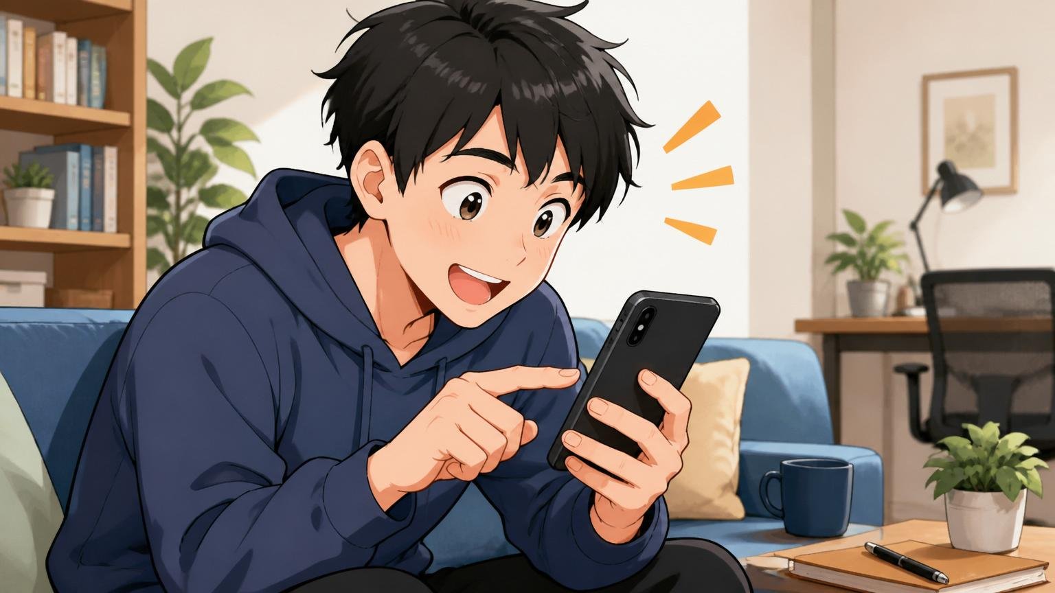 自宅のソファでスマートフォンから転職エージェントの無料相談を申し込む20代エンジニア1人