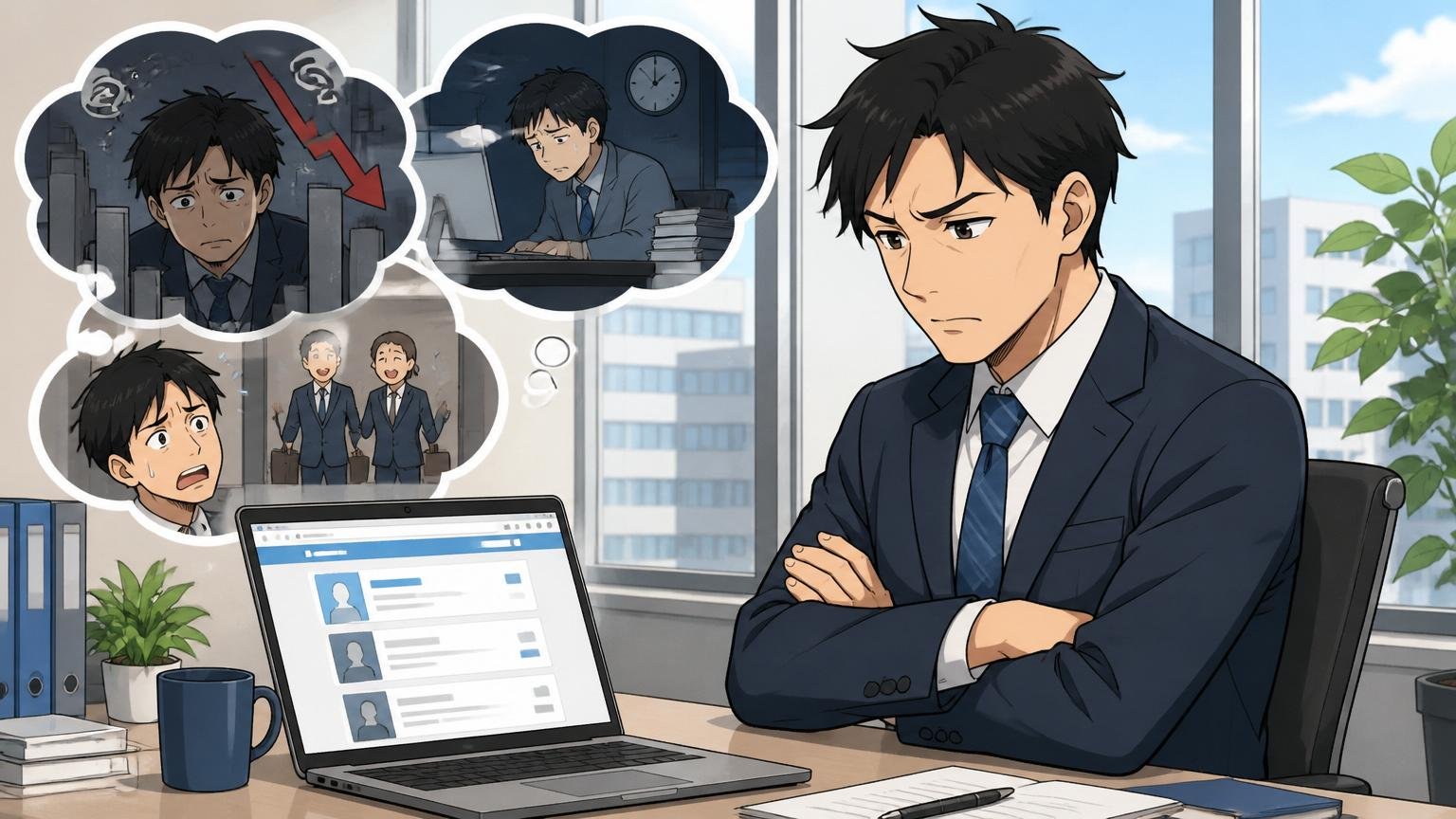 企業オフィスの窓際で腕を組み転職サイトの画面を見ながら動かないリスクについて考え込む30代男性社員