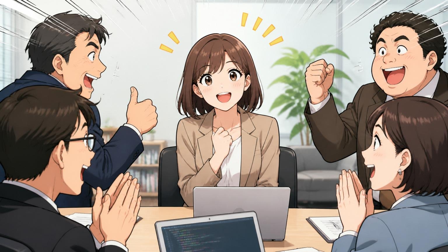 エンジニア経験は社外で求められている。IT企業の面談スペースで30代女性社員が複数の企業担当者から歓迎される