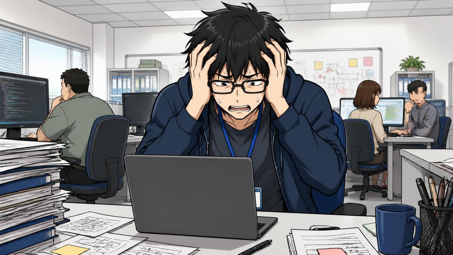 大企業を辞めれば年収が上がるは誤解。転職先のオフィスで失敗して頭を抱える男性エンジニア1人