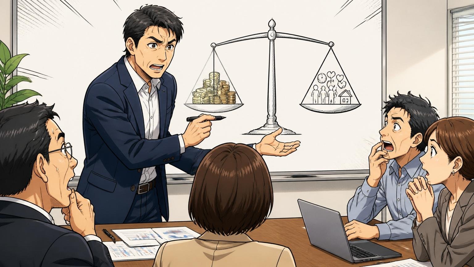 年収の額面だけで決めてはいけない理由 企業の会議室で 40代男性が1人 天秤のイラストを描きながら真剣に説明する