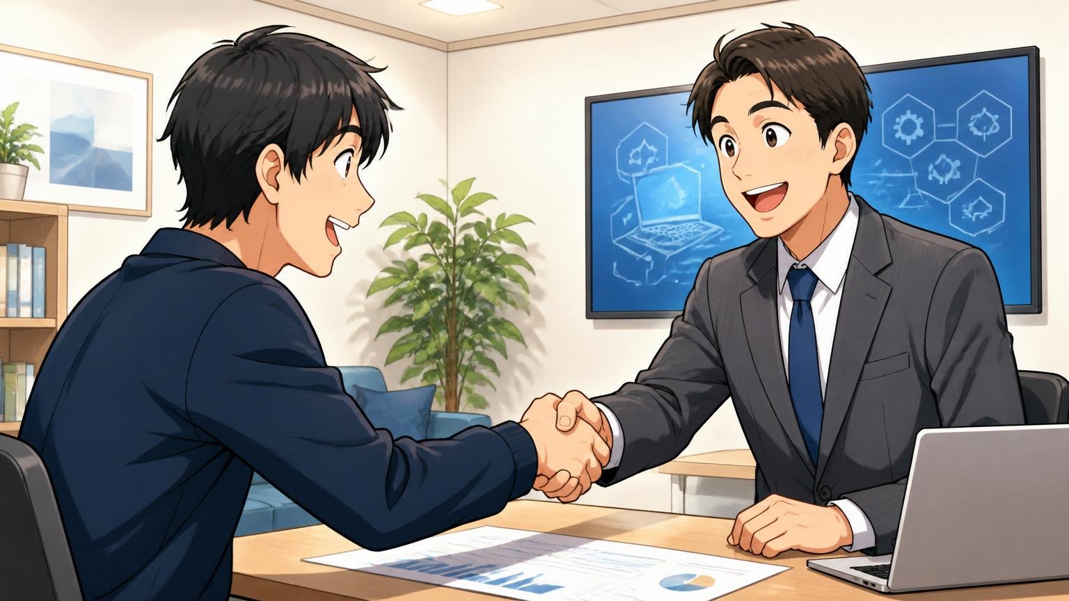 市場価値を客観的に知る確実な方法。IT特化型エージェントの面談室で相談者と担当者が笑顔で握手