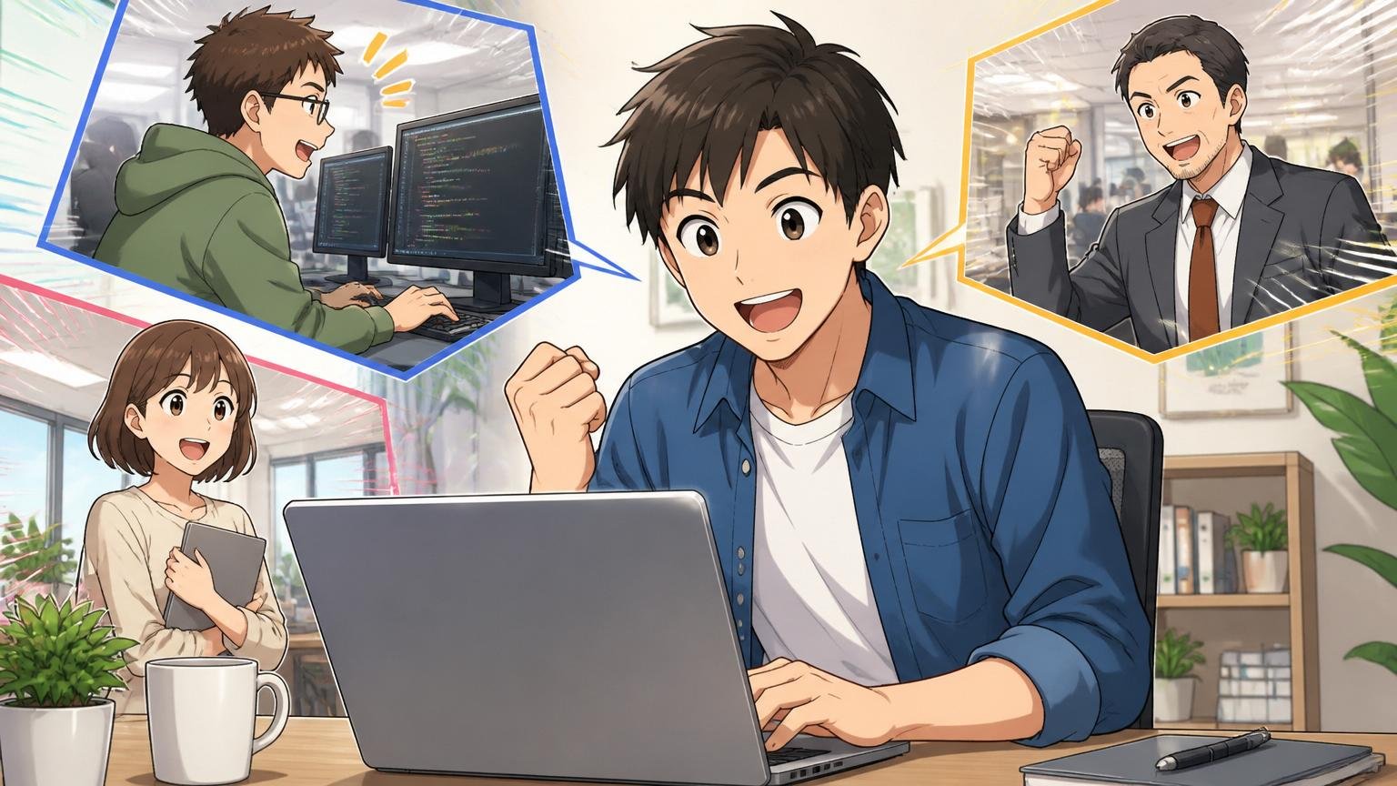 年収交渉と市場価値の把握に強いIT特化型転職エージェント3選。男性がノートPCで求人を見て前向きな表情