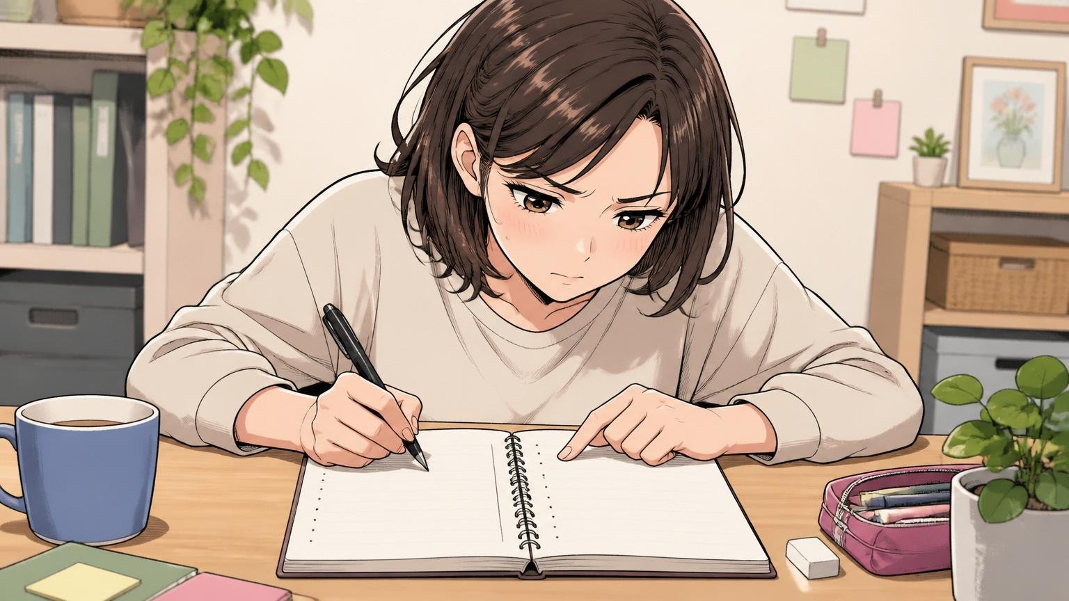 ノートに「辞めたい理由」と「求めるもの」を2列に書き出して整理する場面。自宅のデスクで30代女性がノートとペンで真剣に書き込み、紙を凝視する。1人のシーン