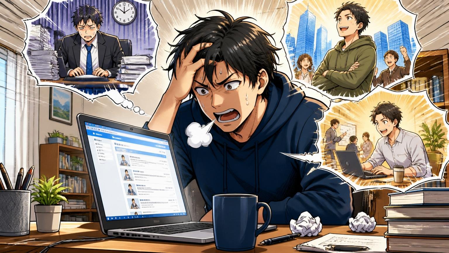 自宅のデスクで在宅勤務する30代男性エンジニア1人が転職サイトを開いてため息。決断への揺らぎと一歩踏み出す覚悟をオーバーリアクションで表現