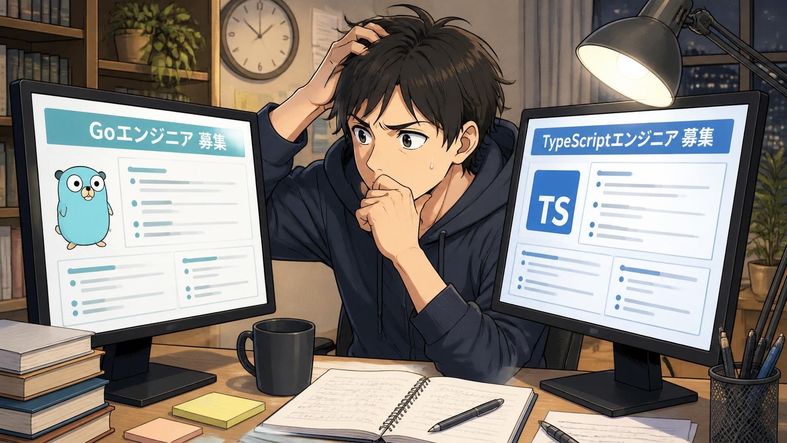 GoとTypeScriptの求人票を見比べながら悩む20代後半の男性エンジニア、自宅のデスクで深夜に転職活動