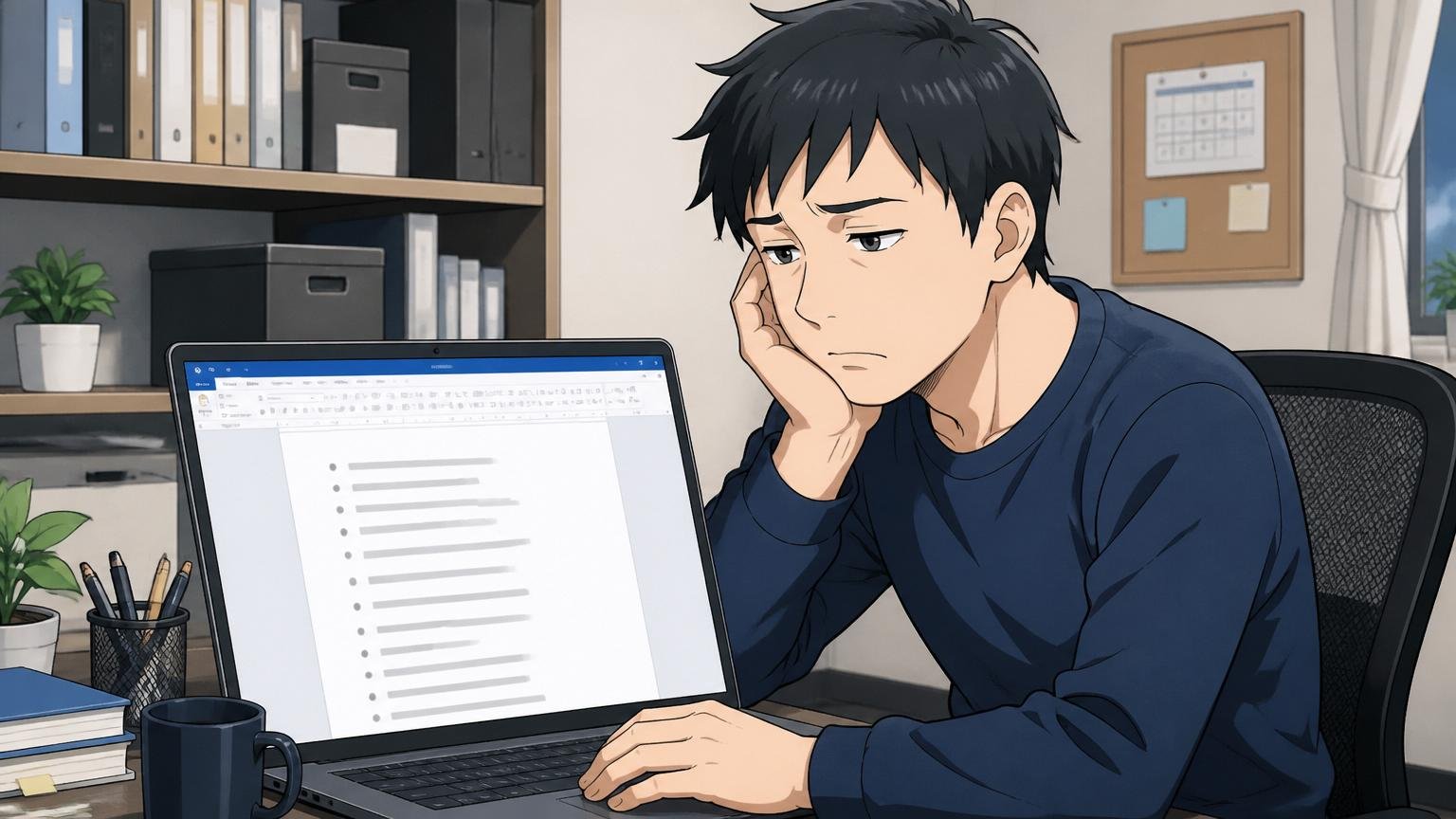 失敗③職務経歴書を「担当業務の羅列」で終わらせる。自宅のデスクで、30代男性エンジニアが職務経歴書のWordファイルを開いて担当業務の箇条書きで虚無な顔をしている