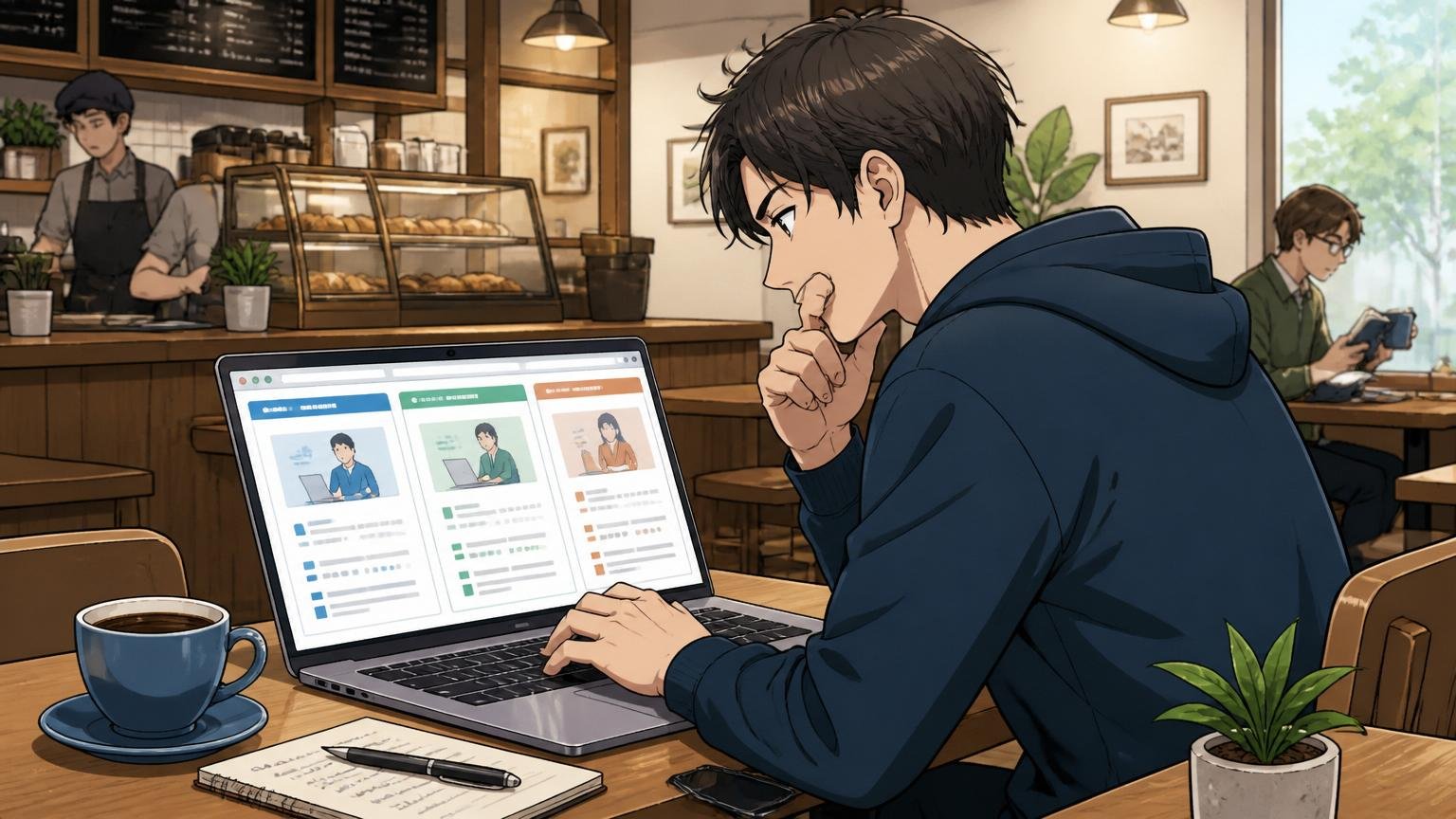 転職エージェントはIT特化2社＋総合1社で比較する。カフェで1人のエンジニアがノートPCで複数のエージェントサイトを比較検討している
