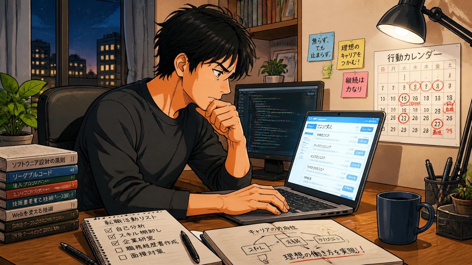 自宅のデスクで仕事を続けながら静かに転職活動を進める30代エンジニアの夜の光景