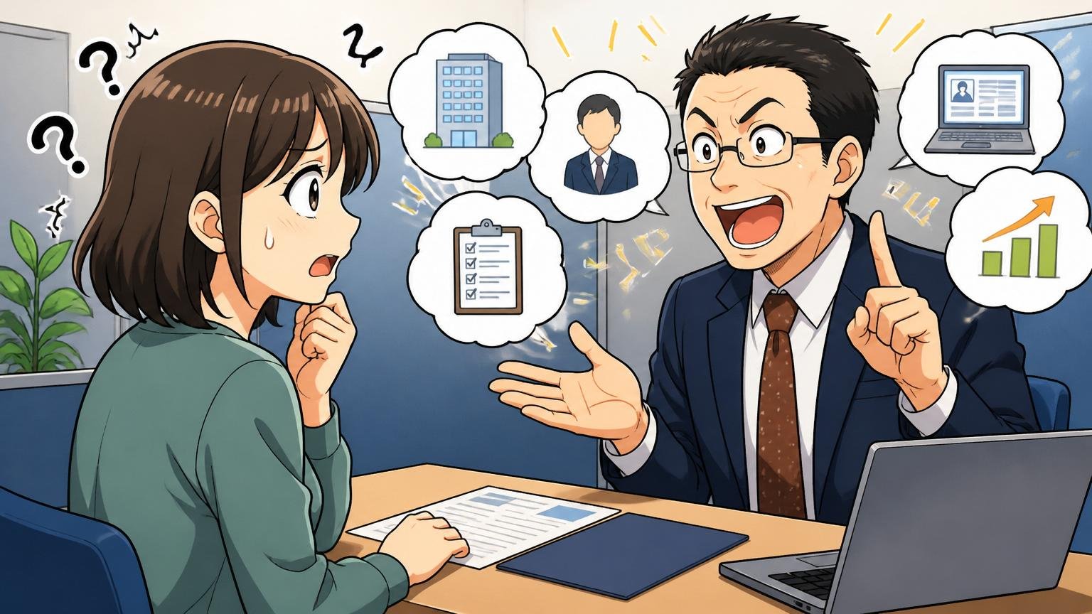 失敗パターン③エージェント1社に依存｜総合型エージェントの面談ブースで噛み合わない説明をされ困惑する30代女性エンジニア