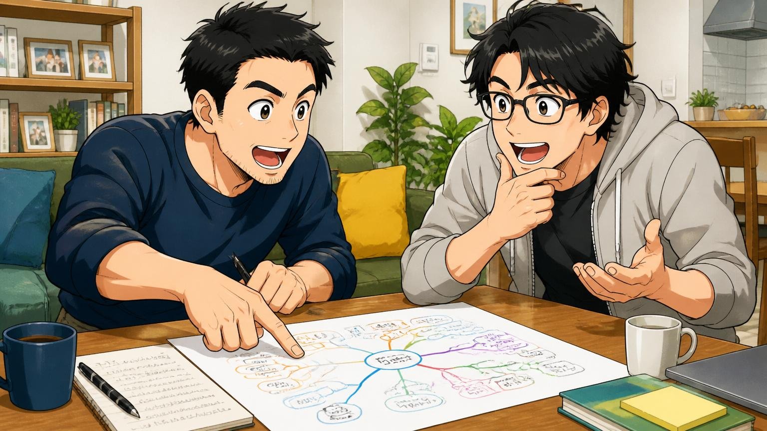 自宅のリビングで家族と話し合いながら自分のキャリア志向を整理する30代エンジニア2人