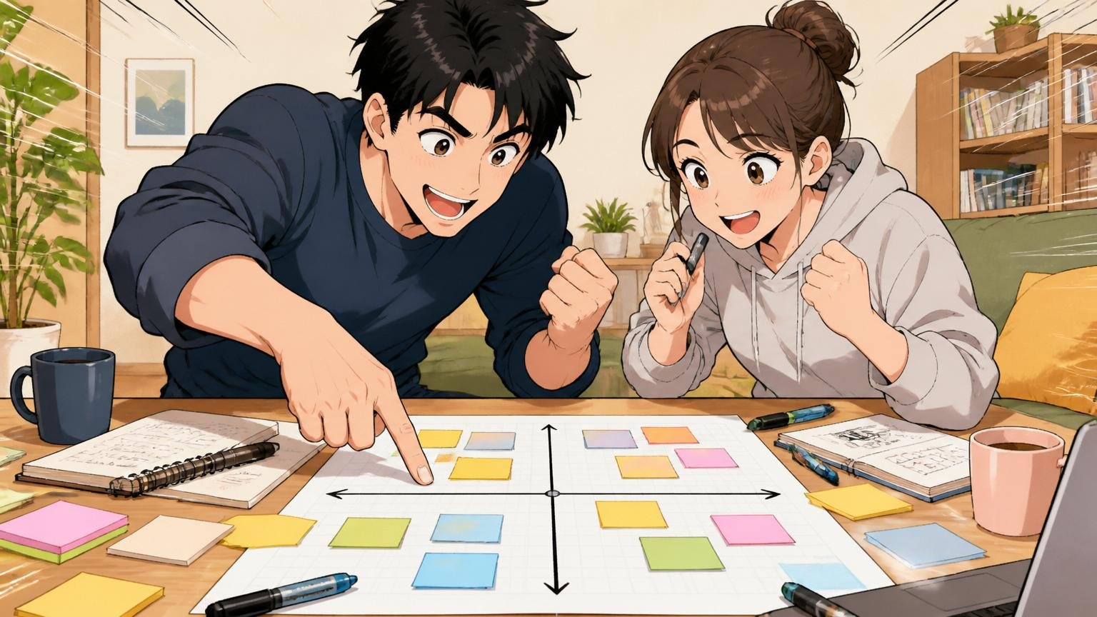 4タイプを2軸で絞る30代男女SE2人が自宅のリビングで付箋とノートを並べてキャリアマトリクスを描くシーン
