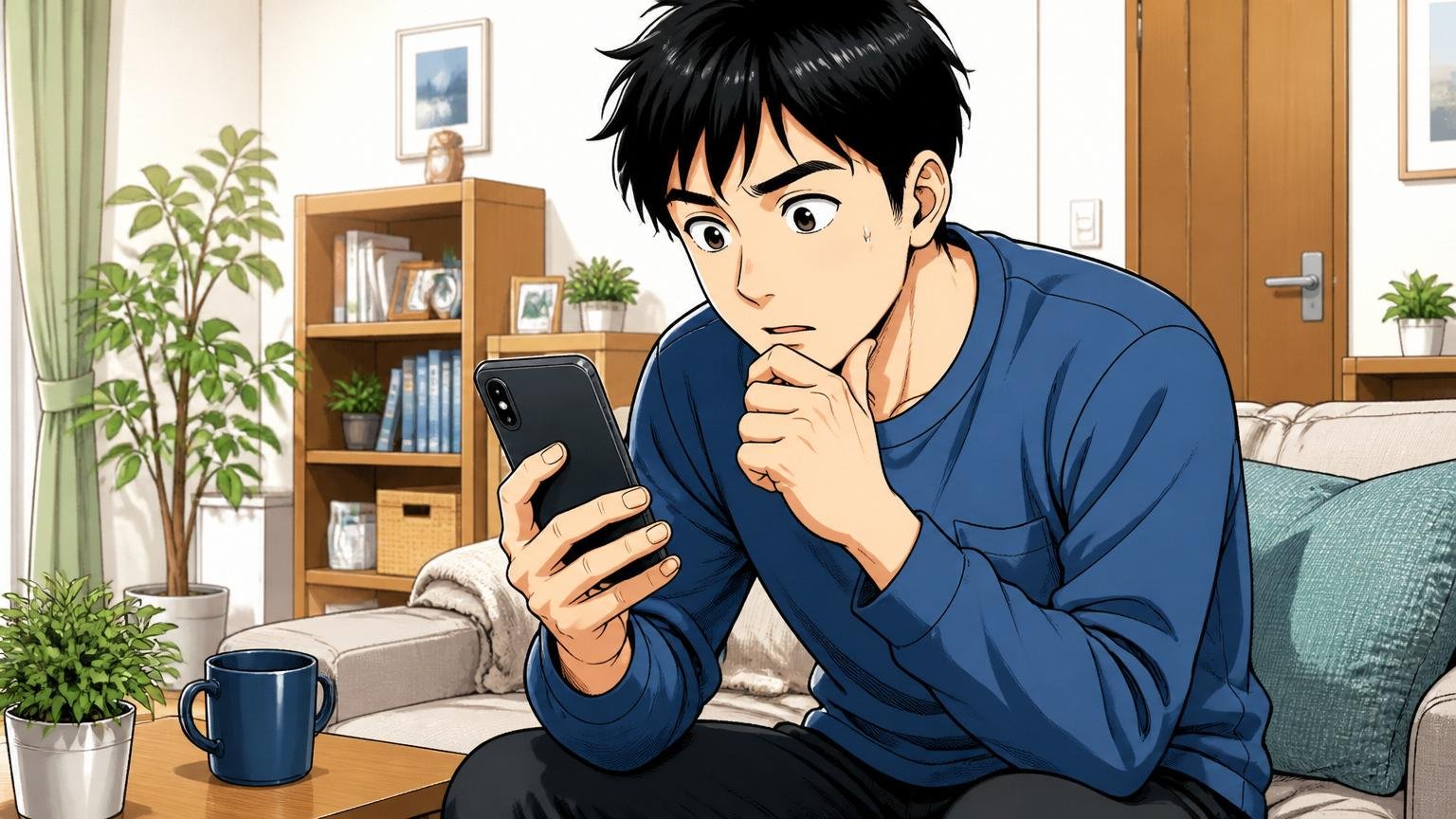 自宅のリビングでスマホを片手に転職エージェントの面談予約画面を見ている30代男性1人