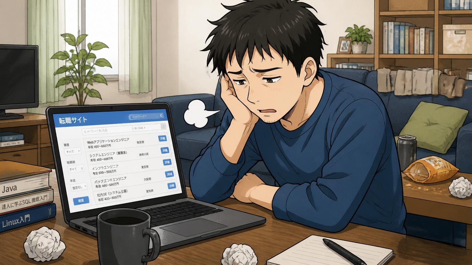 自宅のリビングでPCの転職サイトを開いてため息をつく30代男性エンジニア1人、限定的な視野