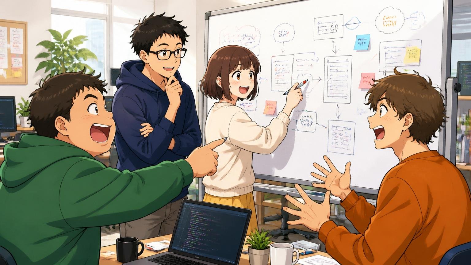Web系スタートアップのオフィスで複数のエンジニア4人がカジュアルな服装でホワイトボードを囲んで議論する明るいシーン