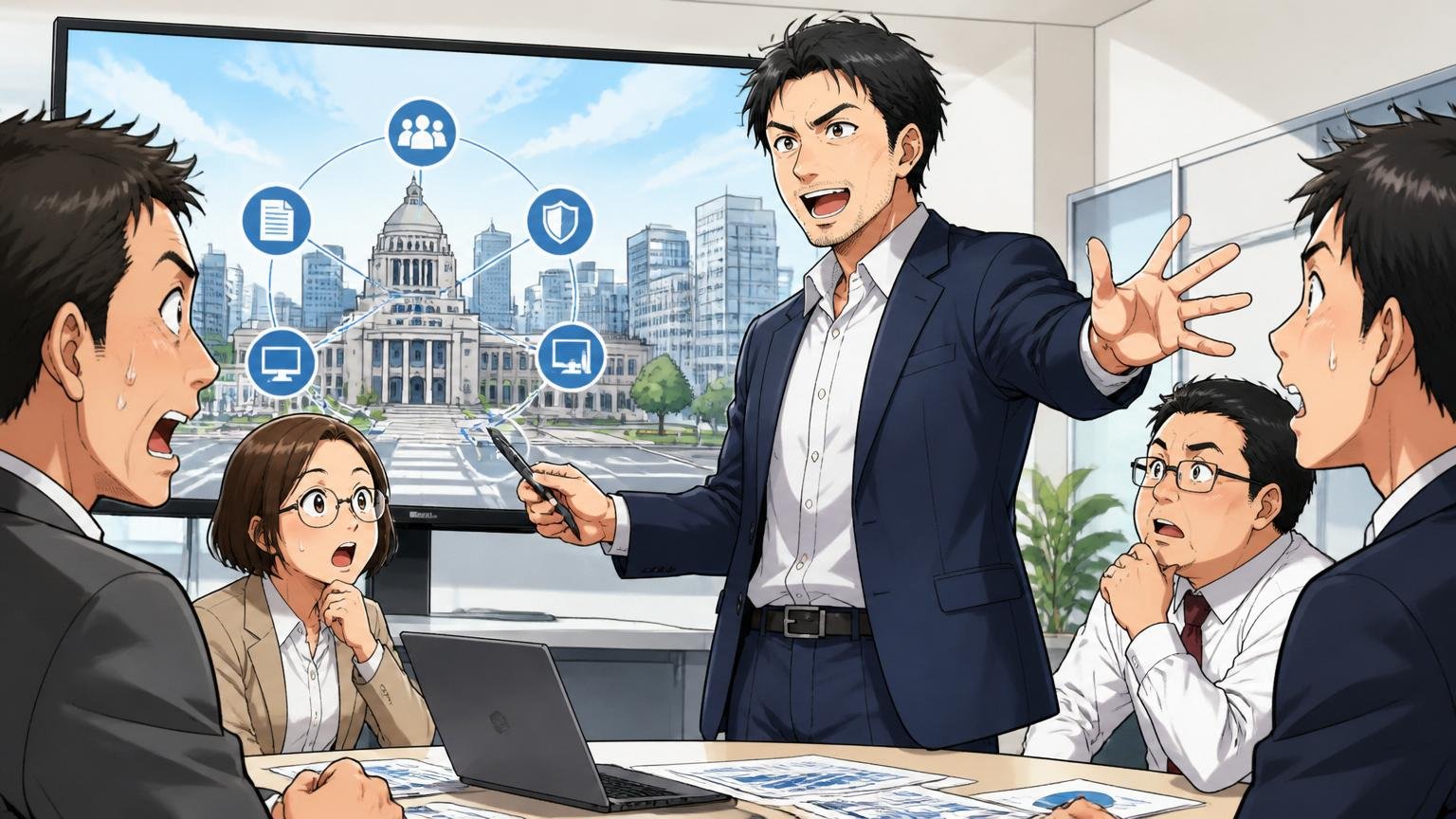 企業の会議室で業界特化型コンサルとして公共系の知見を語る30代後半のシステムエンジニア